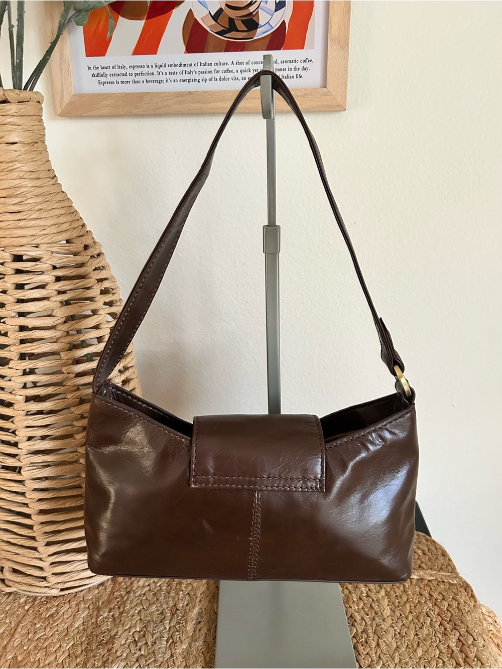 HOBO Mila Brown Leather Turn Lock East West Shoulder Baguette Bag - Picture 7 of 12